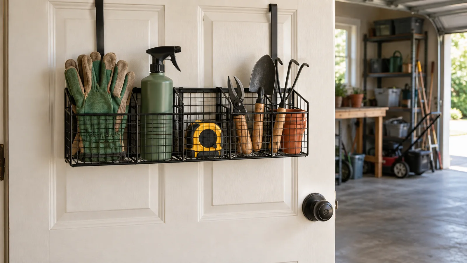 An over-the-door organizer on the back of a garage entry door holding gloves, spray bottles, and small tools