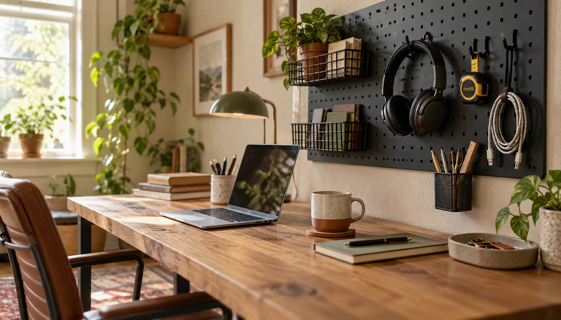 Wall-mounted pegboard beside a home office desk holding hooks, small bins, and headphones