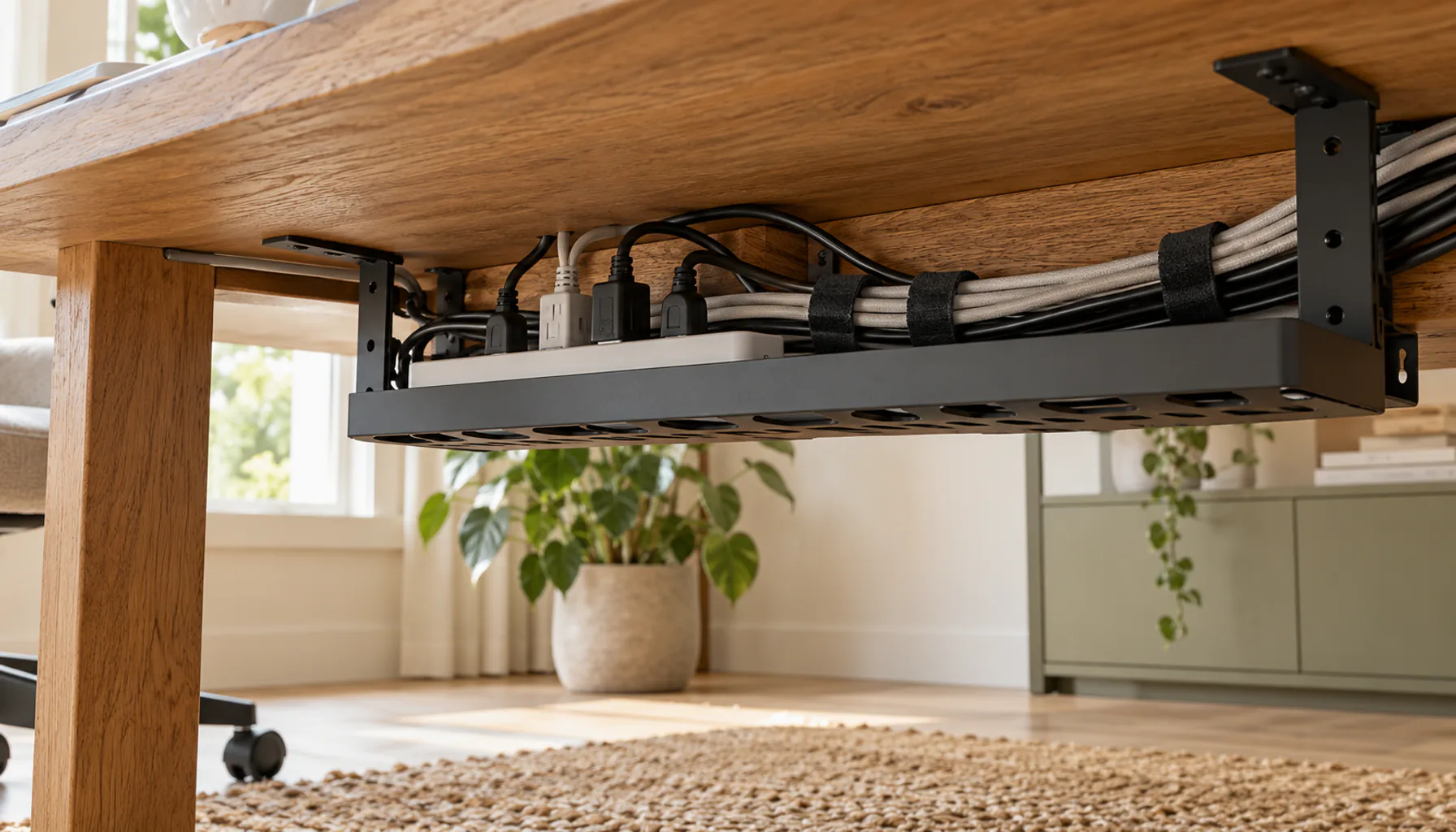 Under-desk cable tray keeping power strip and cords organized beneath a home office desk