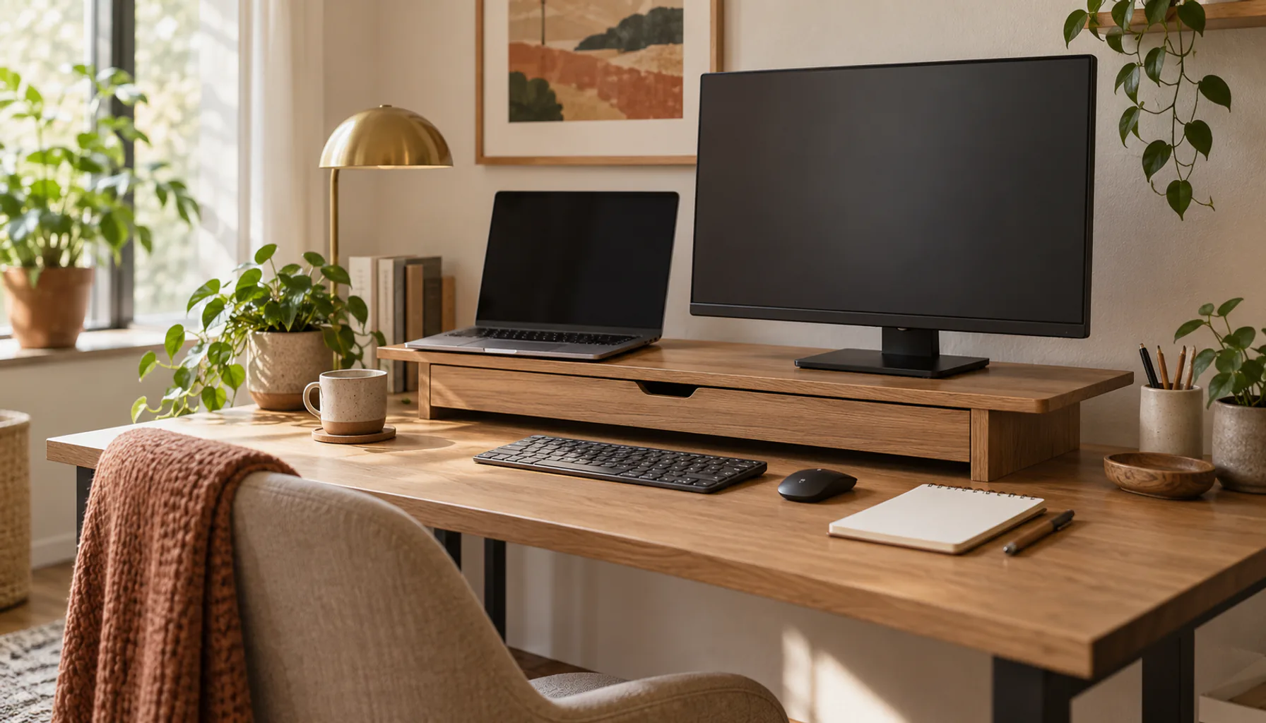 Monitor riser with a slim drawer on a small home office desk