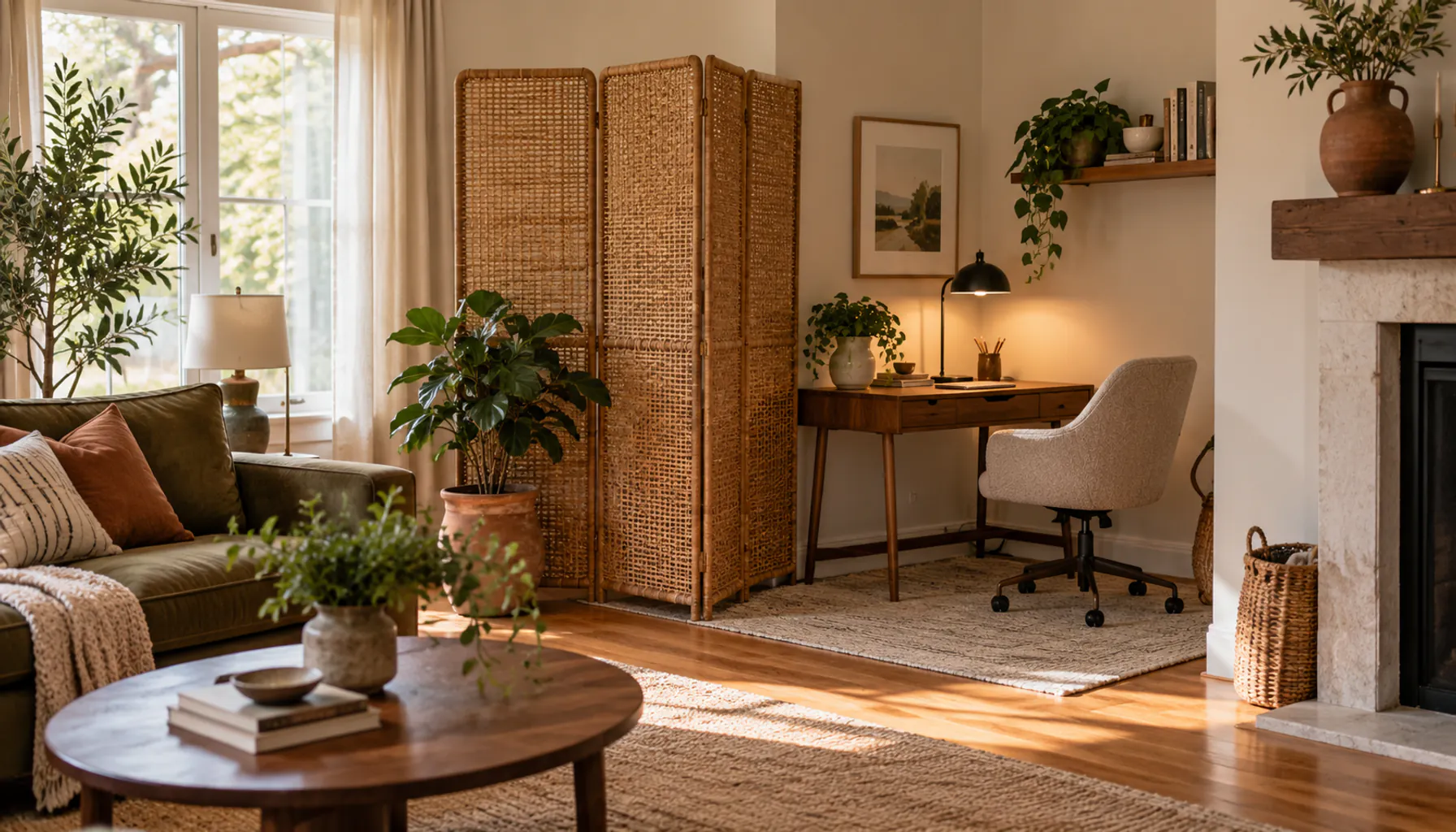 Home office desk separated from the living room by a woven folding screen and a small rug