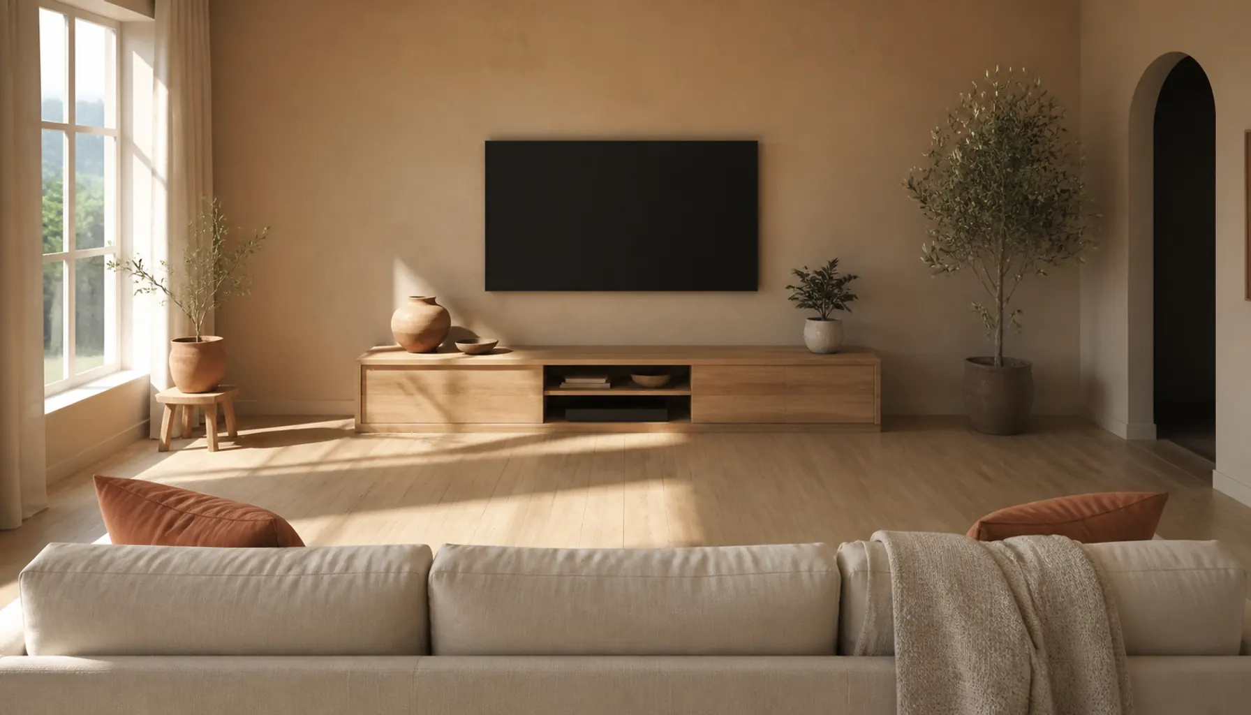 Small living room with a wall-mounted television above a low oak console, a cream linen sofa facing it, terracotta cushions and morning light from the left