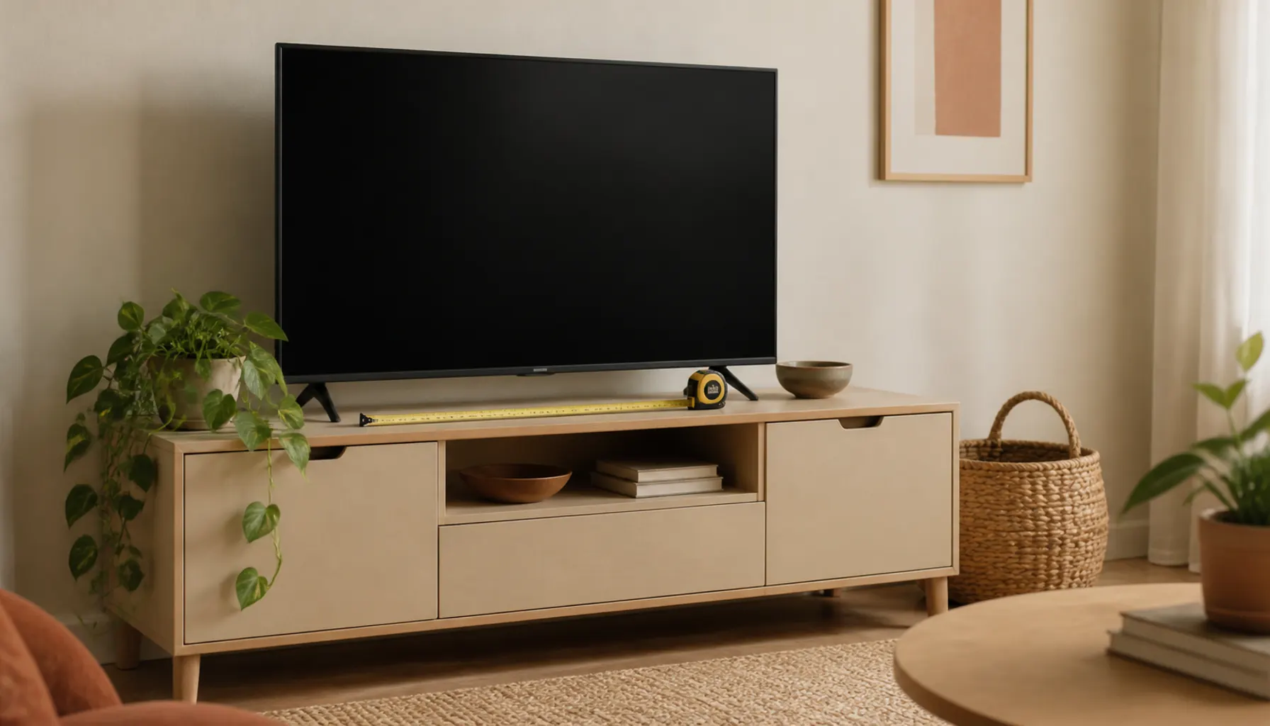 Low sand-colored media console with a dark television panel at seated eye height, a woven basket beside it and a trailing plant, soft daylight from a side window