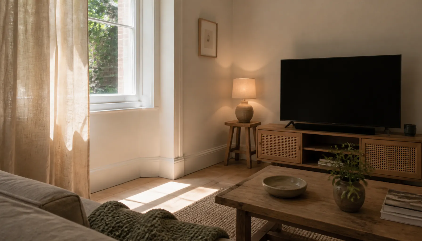 Living room window at a right angle to a dark television screen, linen curtain drawn partway, a small table lamp glowing beside the panel and a sage throw on the sofa arm
