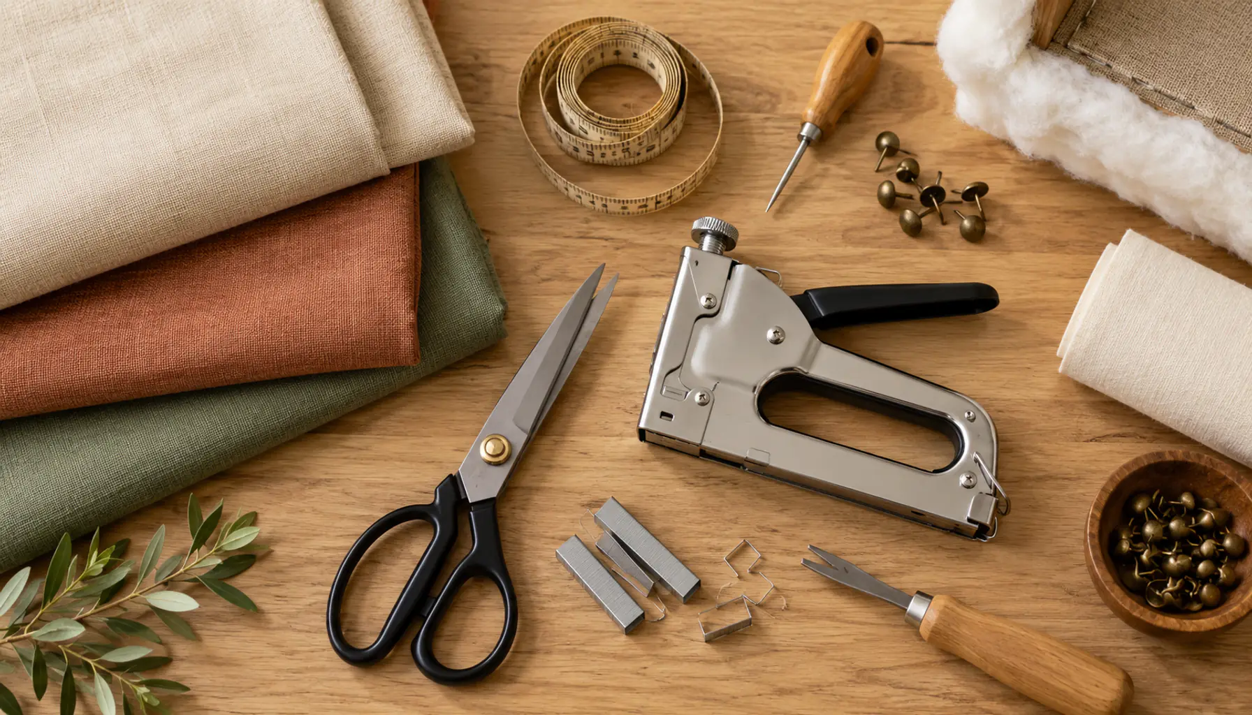 Flat lay of upholstery tools including a staple gun, fabric scissors, and folded neutral fabric on a wood table