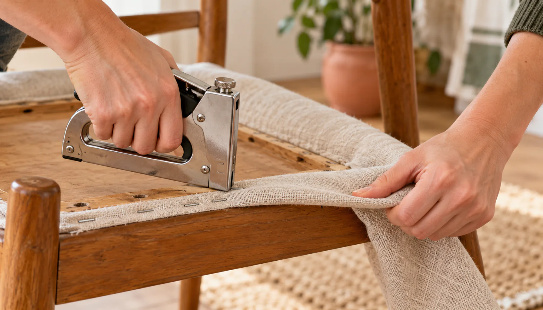 Close-up of hands stapling taut fabric to the underside of a chair seat pad with a staple gun