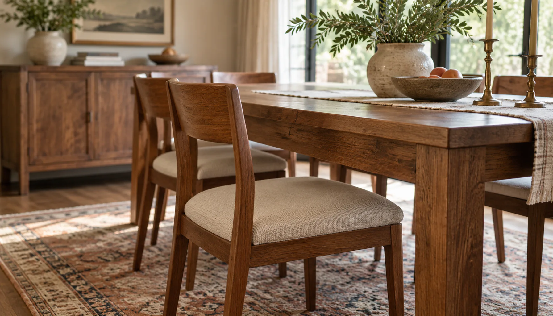 Finished dining chair with new neutral upholstered seat pushed in at a wood dining table with soft natural light