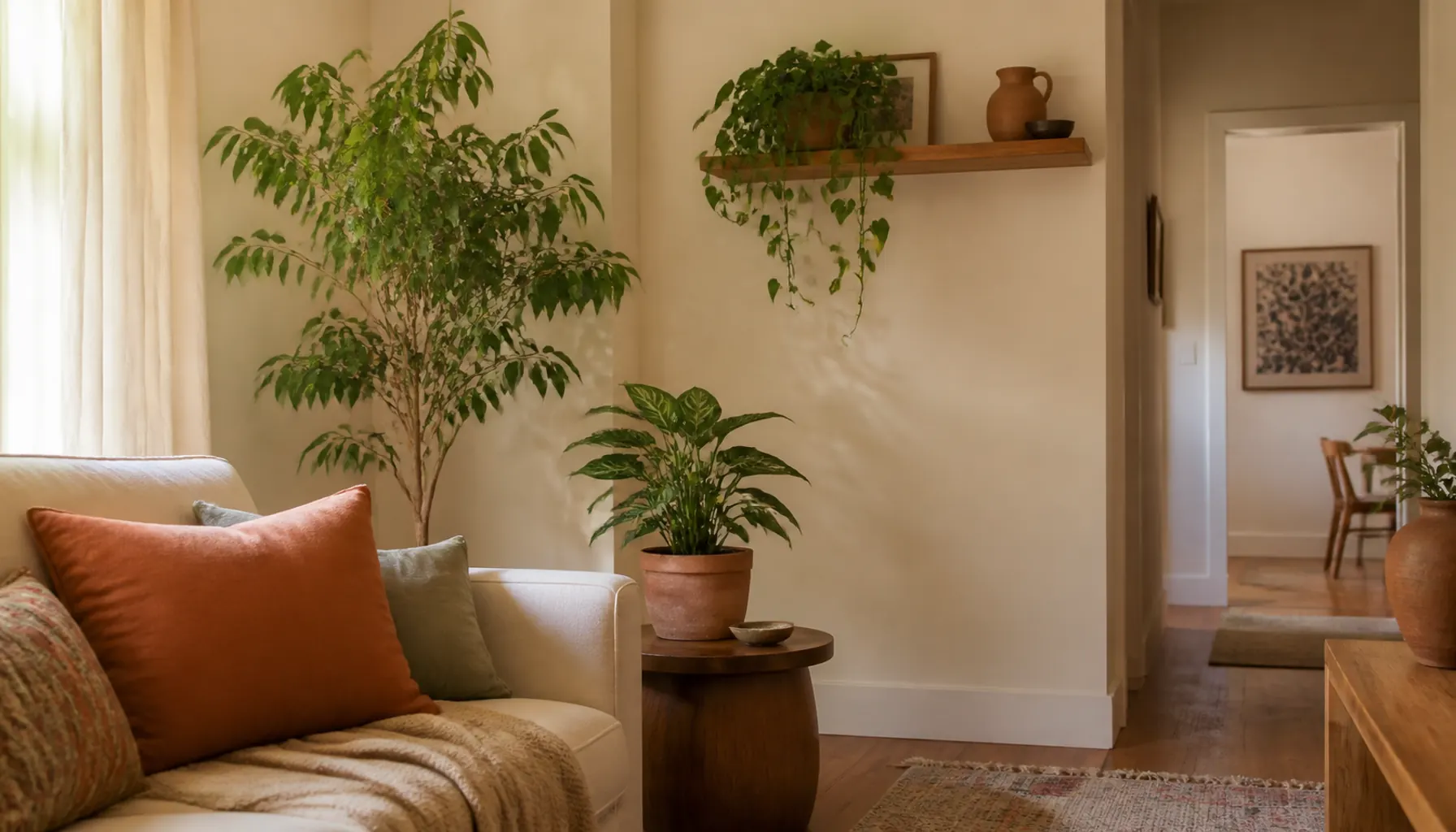 Living room corner with a tall floor plant, a small pot on a side table, and a trailing plant on a high shelf
