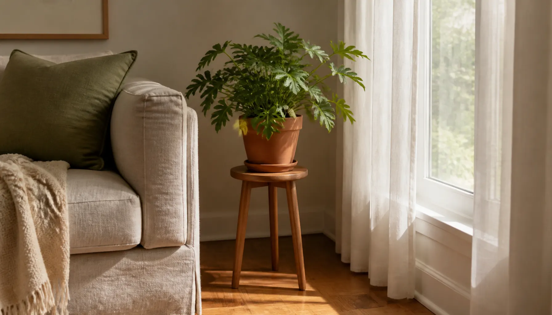 A mid-size plant raised on a slim wooden plant stand beside a sofa arm under a window