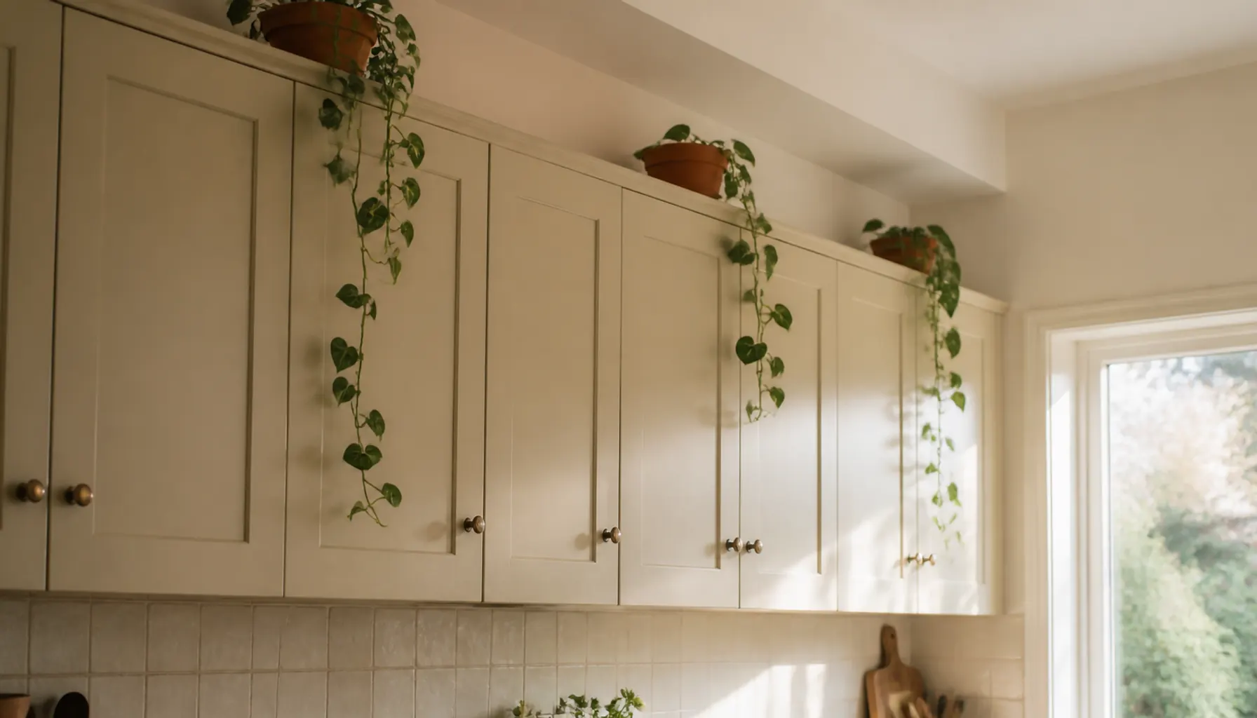 Trailing plants in terracotta pots on top of kitchen cabinets near a bright window