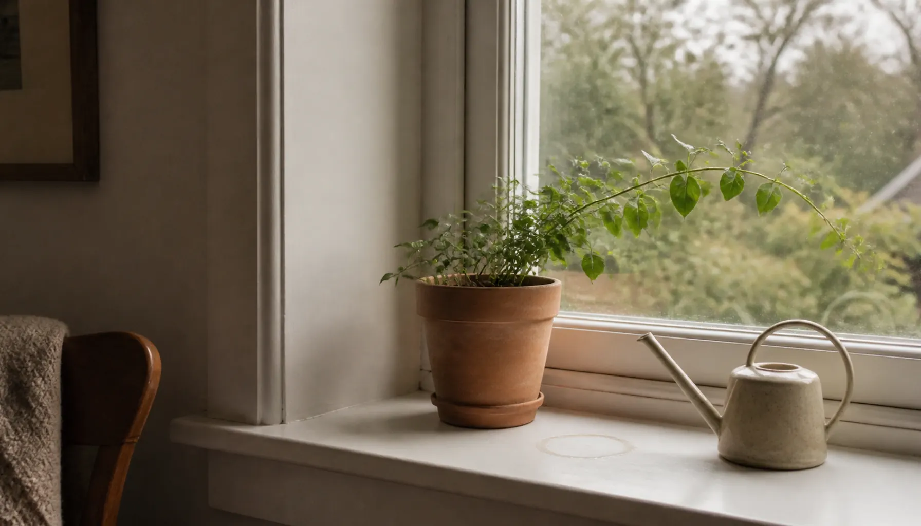 A potted plant on a windowsill with its leaves leaning noticeably toward the glass