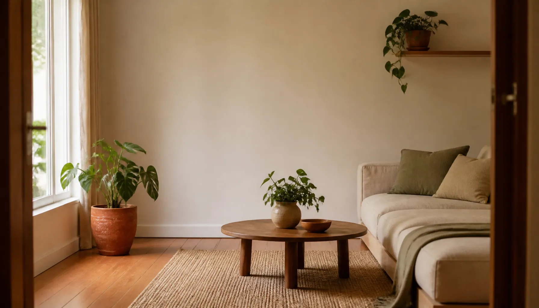 Restrained living room with three plants at different heights and clear surfaces