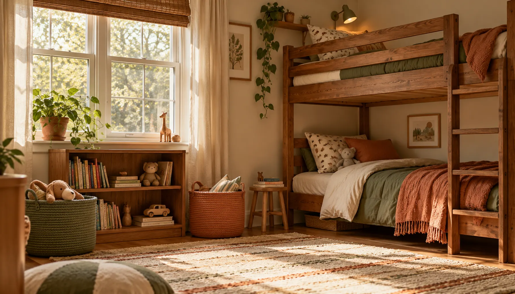 Small shared kids bedroom with a bunk bed, two color-coded storage bins, and a low bookshelf