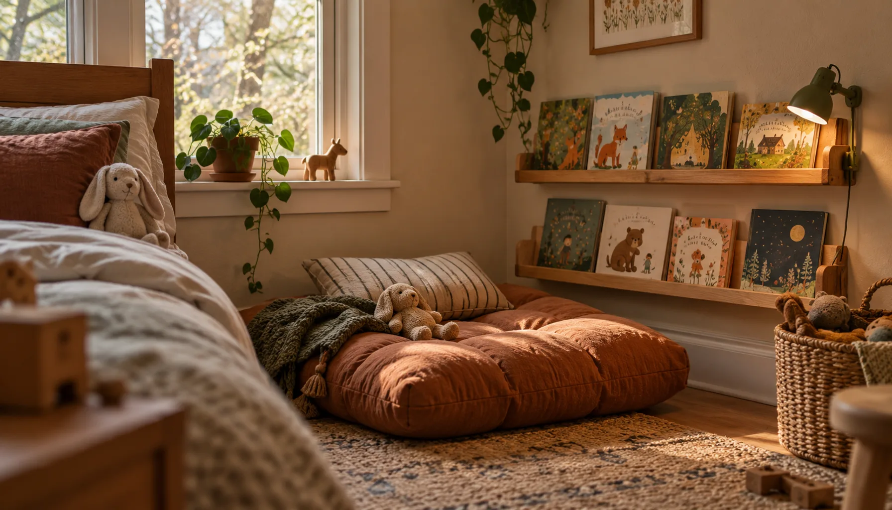 Corner of a children's bedroom with a floor cushion, wall-mounted picture book ledge, and small clip-on reading lamp