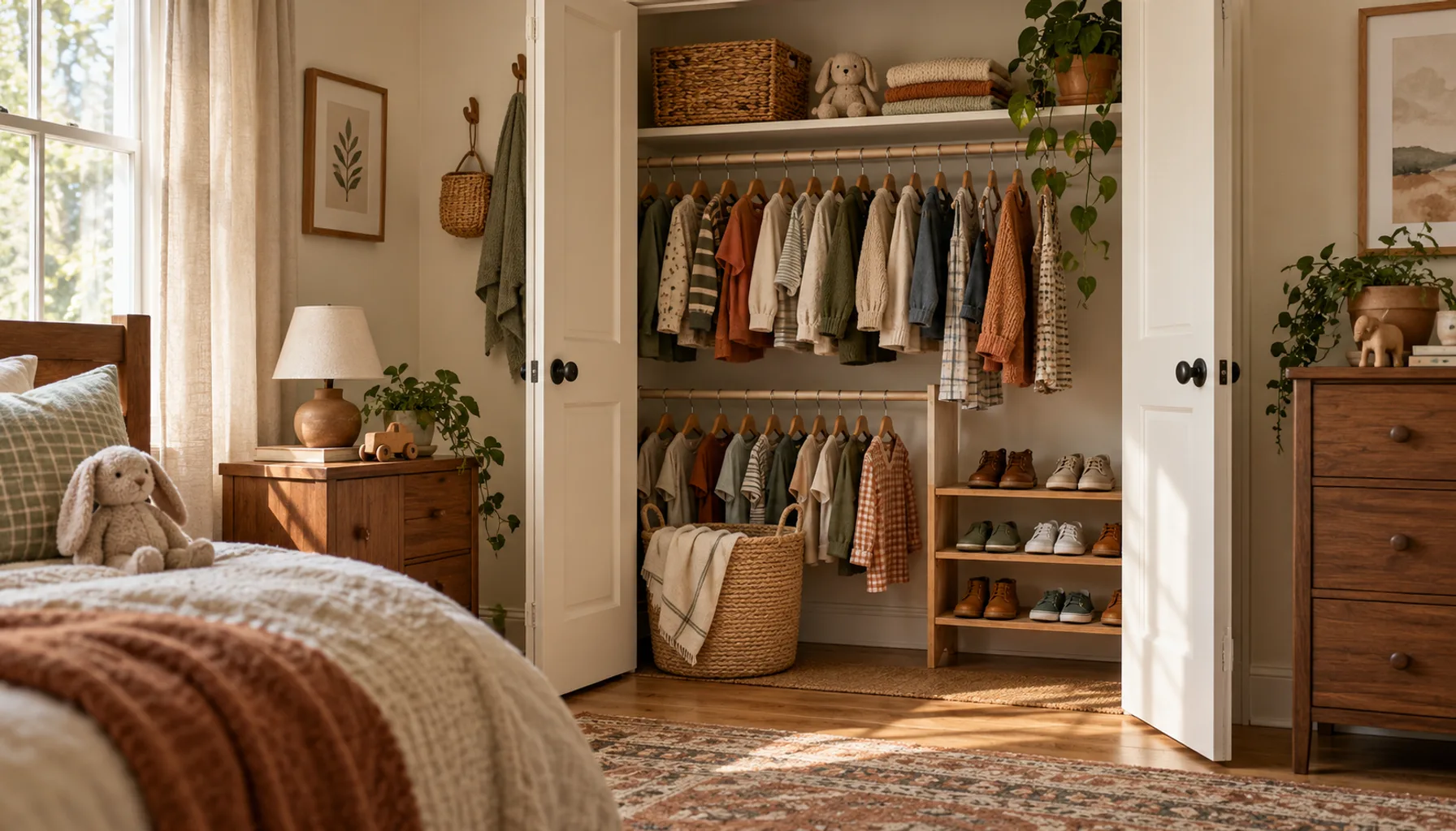 Child-height closet with a lowered rod, small hanging clothes and a shoe shelf below in a shared kids room