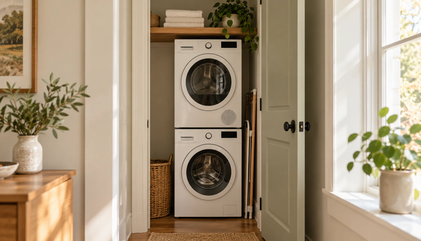 Stacked front-load washer and dryer in a narrow laundry closet with a wood shelf above