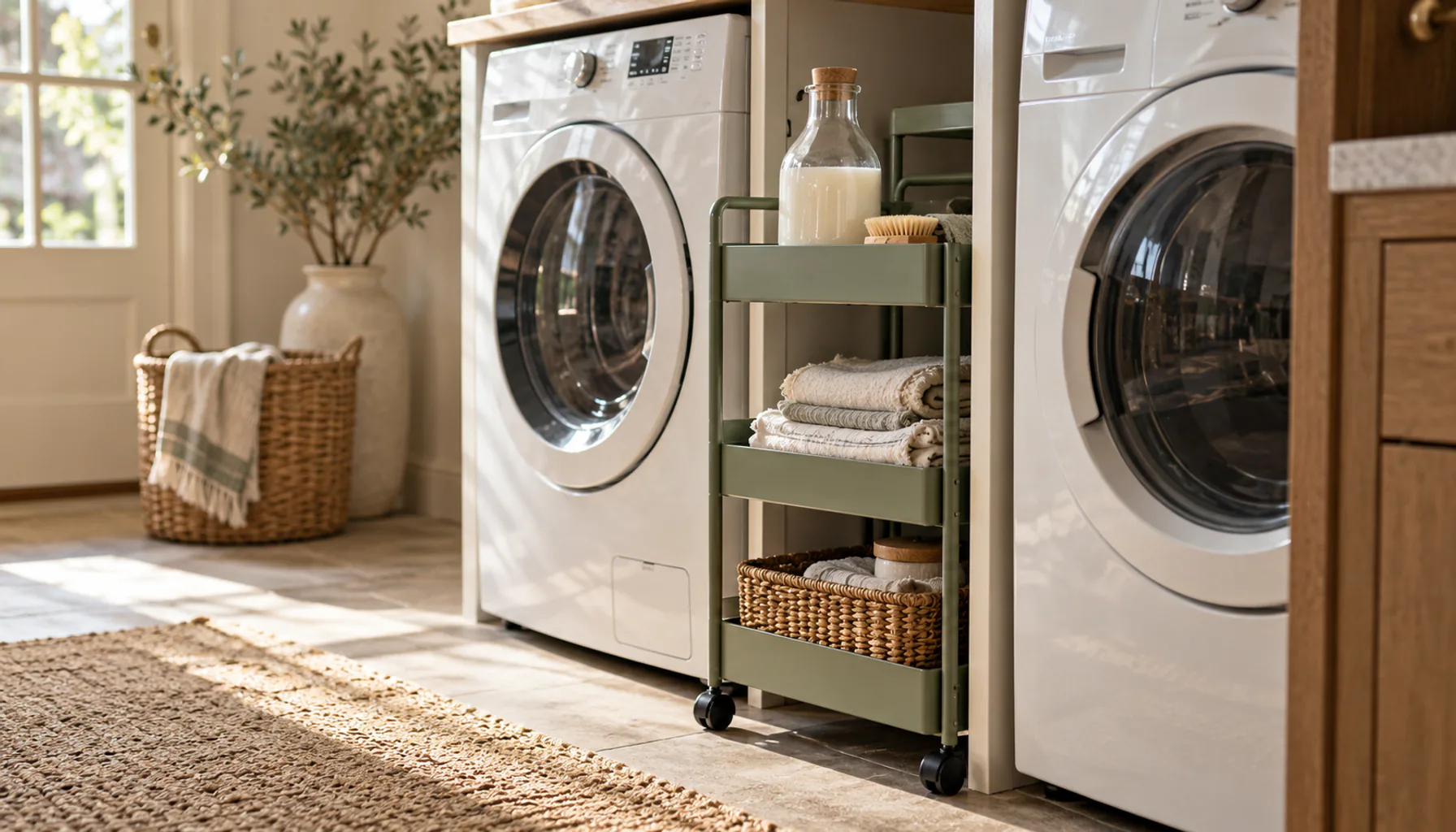 Narrow rolling storage cart pulled out from between a washer and dryer, holding folded towels and a detergent bottle