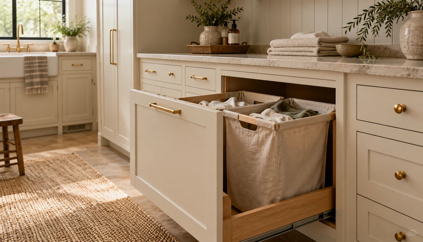 Pull-out laundry hamper drawers built into cream cabinetry beneath a laundry counter