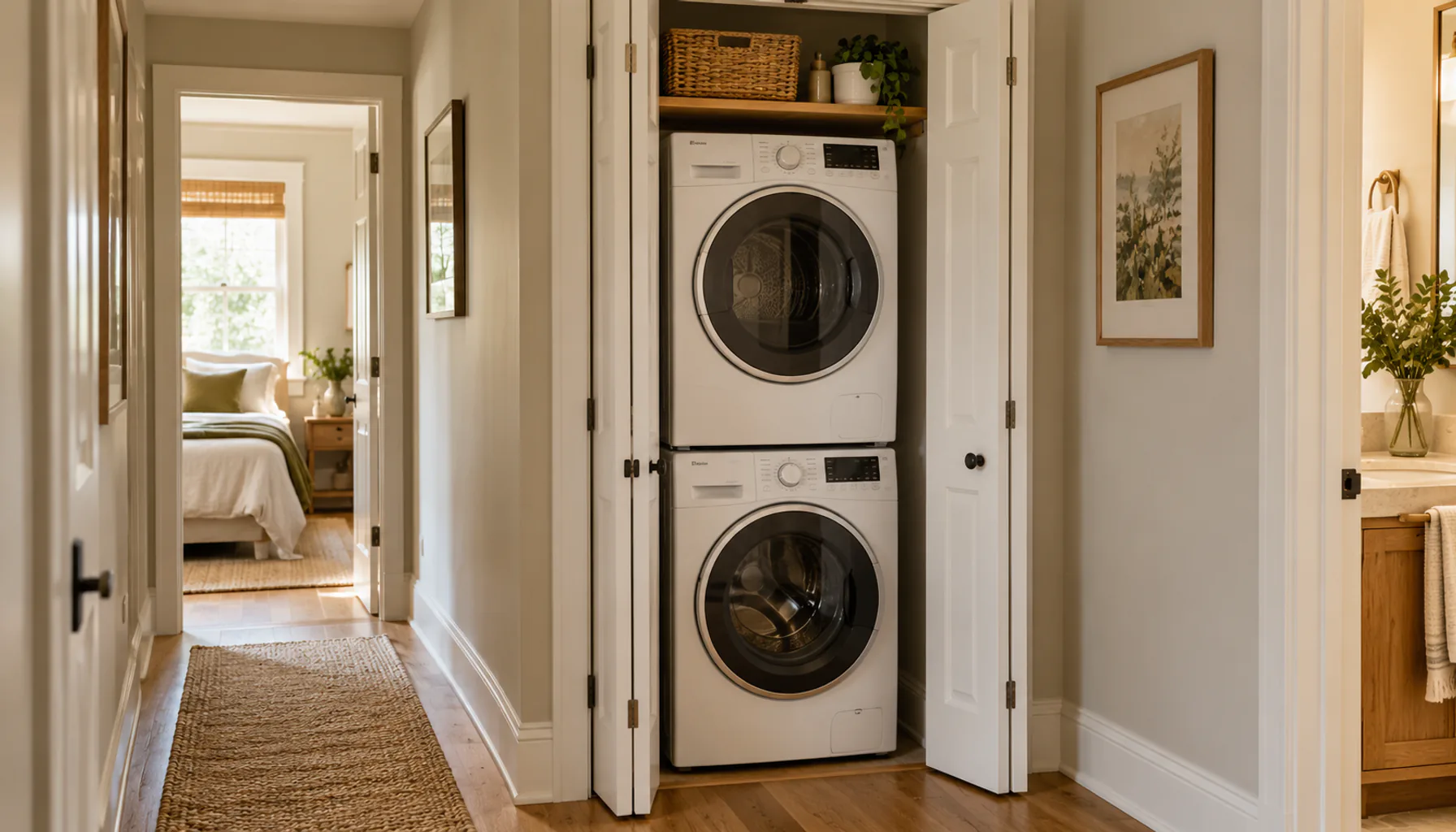 Hallway closet converted into a laundry nook with bifold doors open, showing a stacked washer and dryer