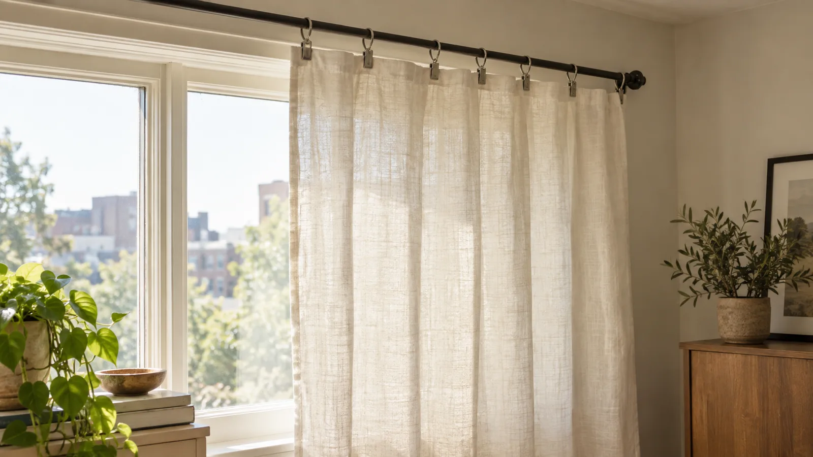 Cream linen curtain panel hanging from silver clip rings on a black metal rod beside a sunlit window