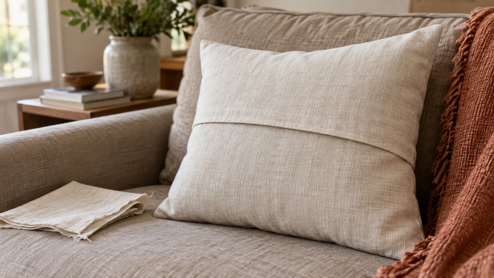 A cream linen envelope pillow cover with a glued overlap seam resting on a neutral sofa