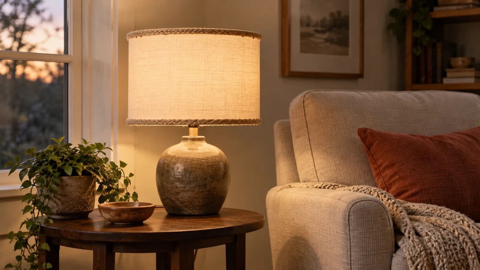 A warm cream fabric-wrapped lampshade with a jute trim cord on a table lamp beside a linen armchair