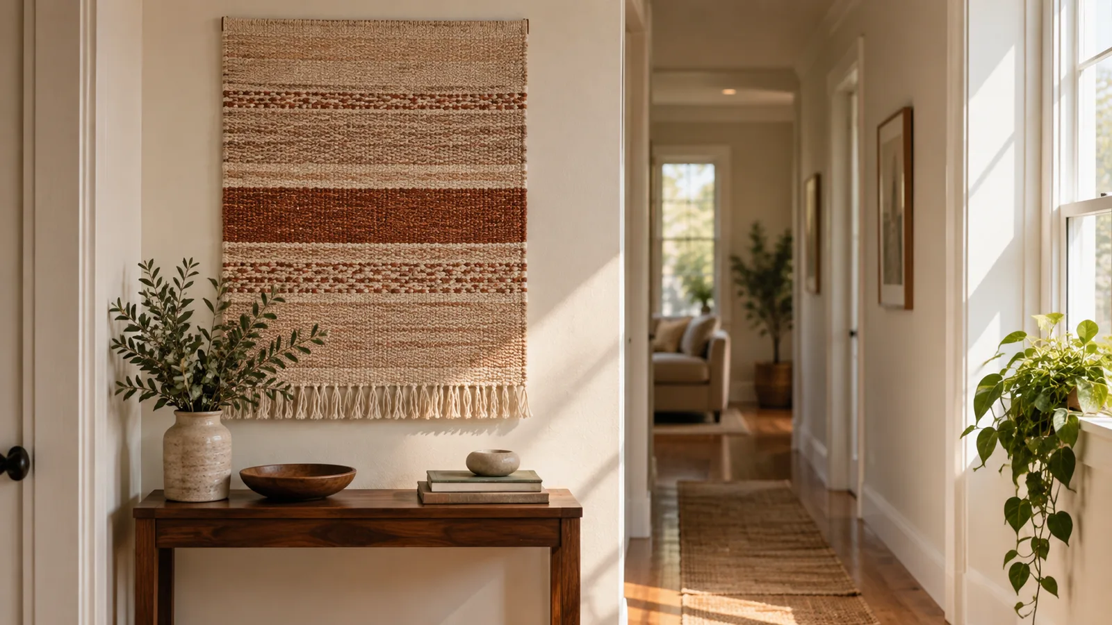 A woven textile panel mounted with adhesive velcro strips above a wooden console in a sunlit hallway