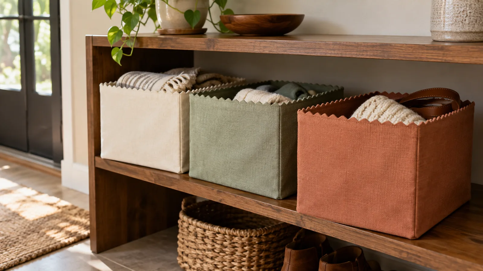 Fabric-wrapped storage bins with pinked zigzag edges on an open shelf in a neutral entryway