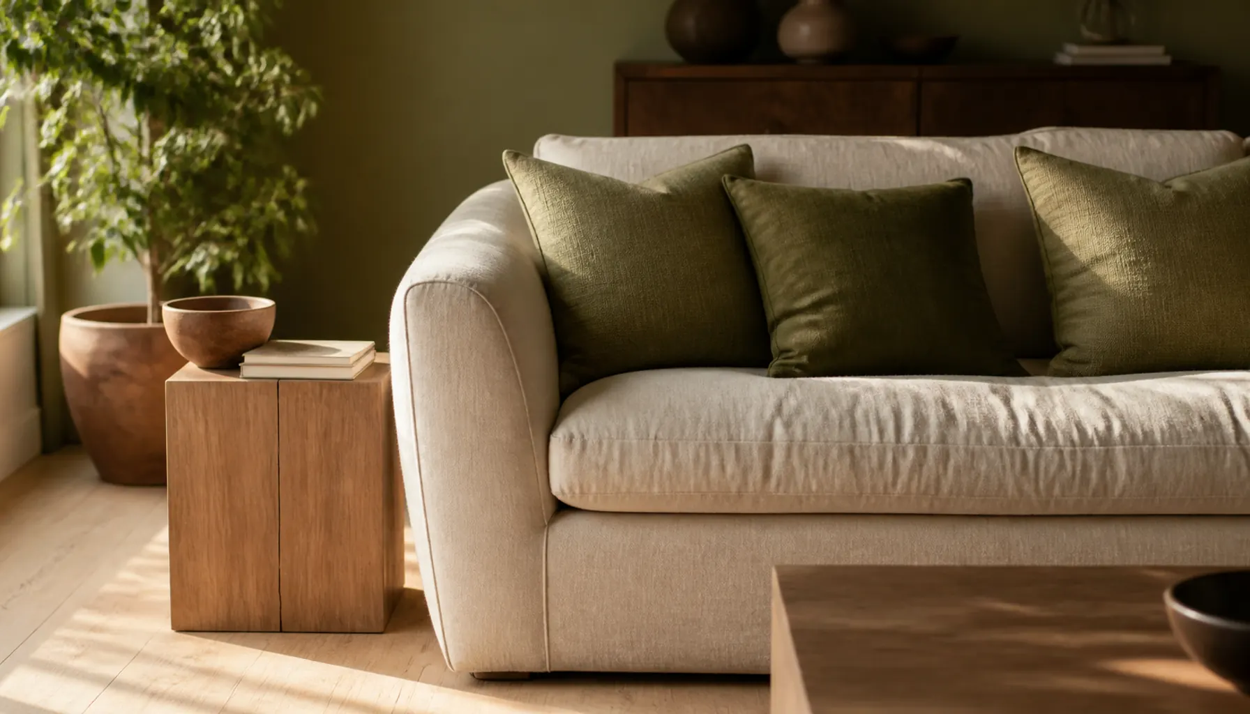 Living room with olive green cushions on a cream sofa beside oak floors in soft daylight