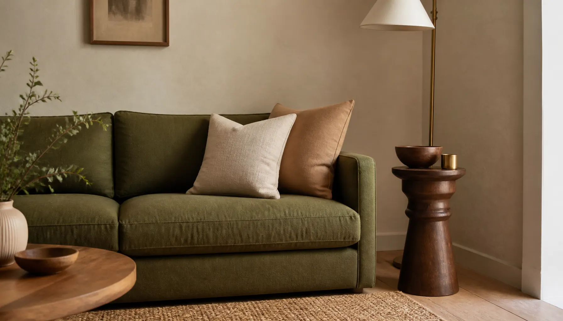 Olive green linen sofa with cream and camel cushions and a walnut side table