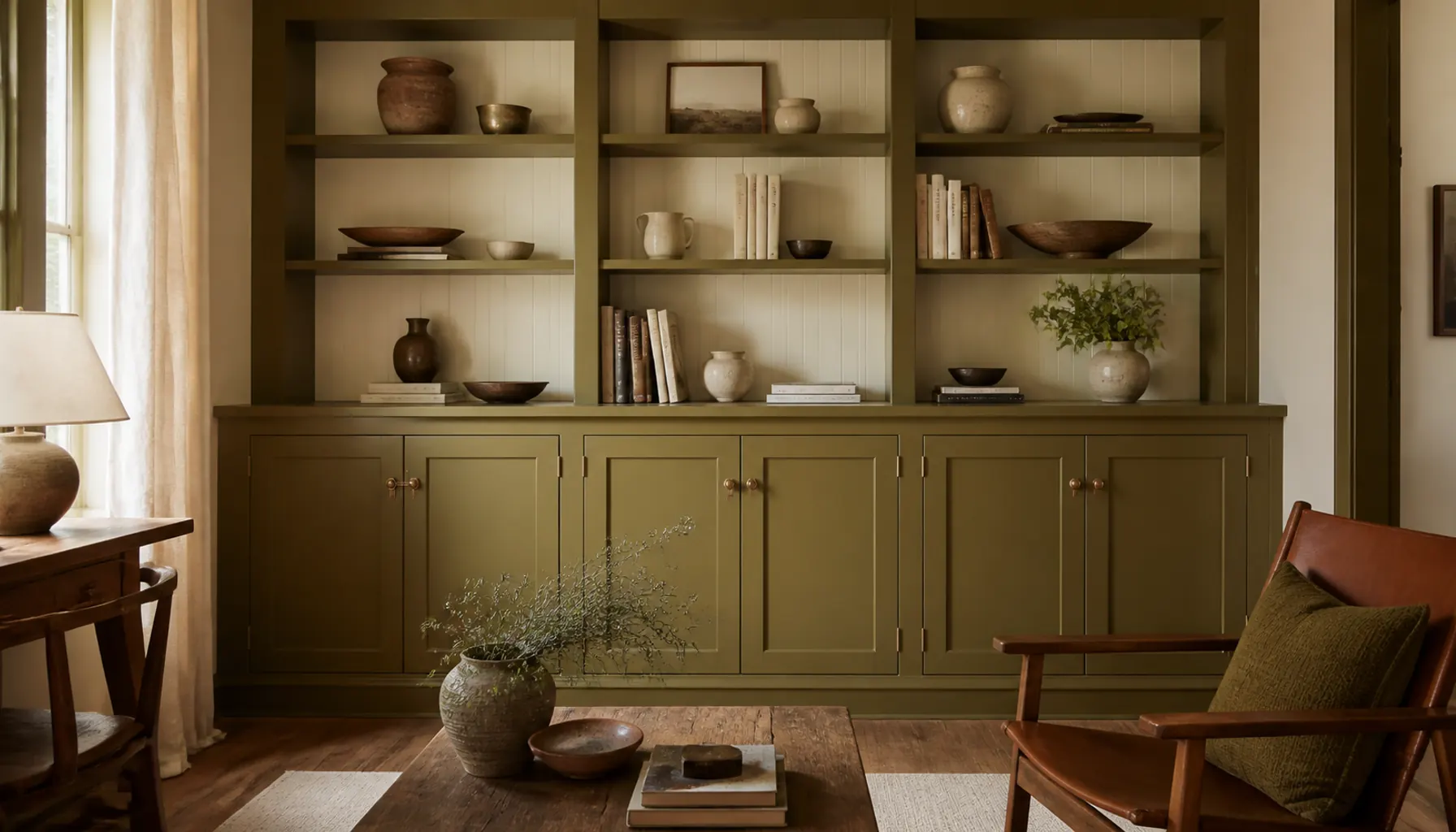Olive green painted built-in shelving with a cream back panel and aged brass pulls
