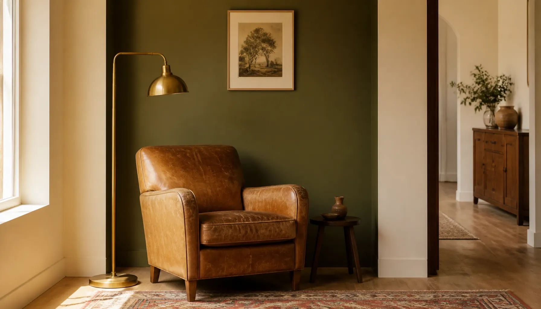 Aged brass floor lamp and tan leather armchair against an olive green alcove wall