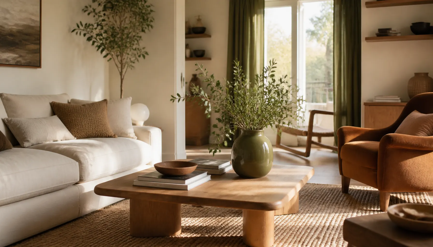 Olive green curtains and a single olive ceramic vase in a cream living room with oak furniture