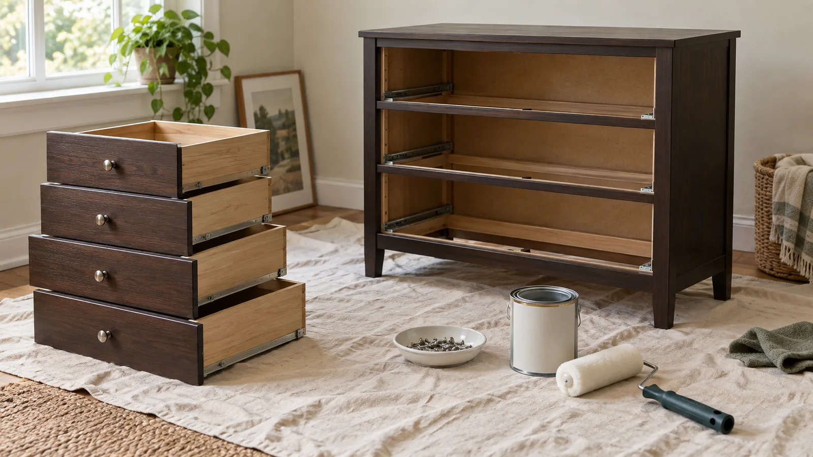 A laminate dresser with drawers removed, sitting on a drop cloth beside a can of bonding primer and a foam roller
