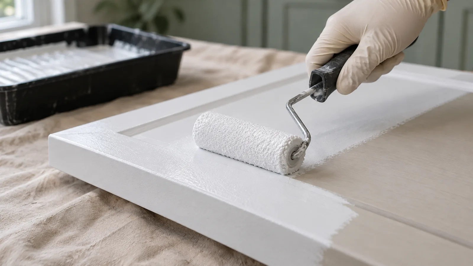 Close-up of a hand rolling white bonding primer onto a laminate cabinet door edge with visible even coverage