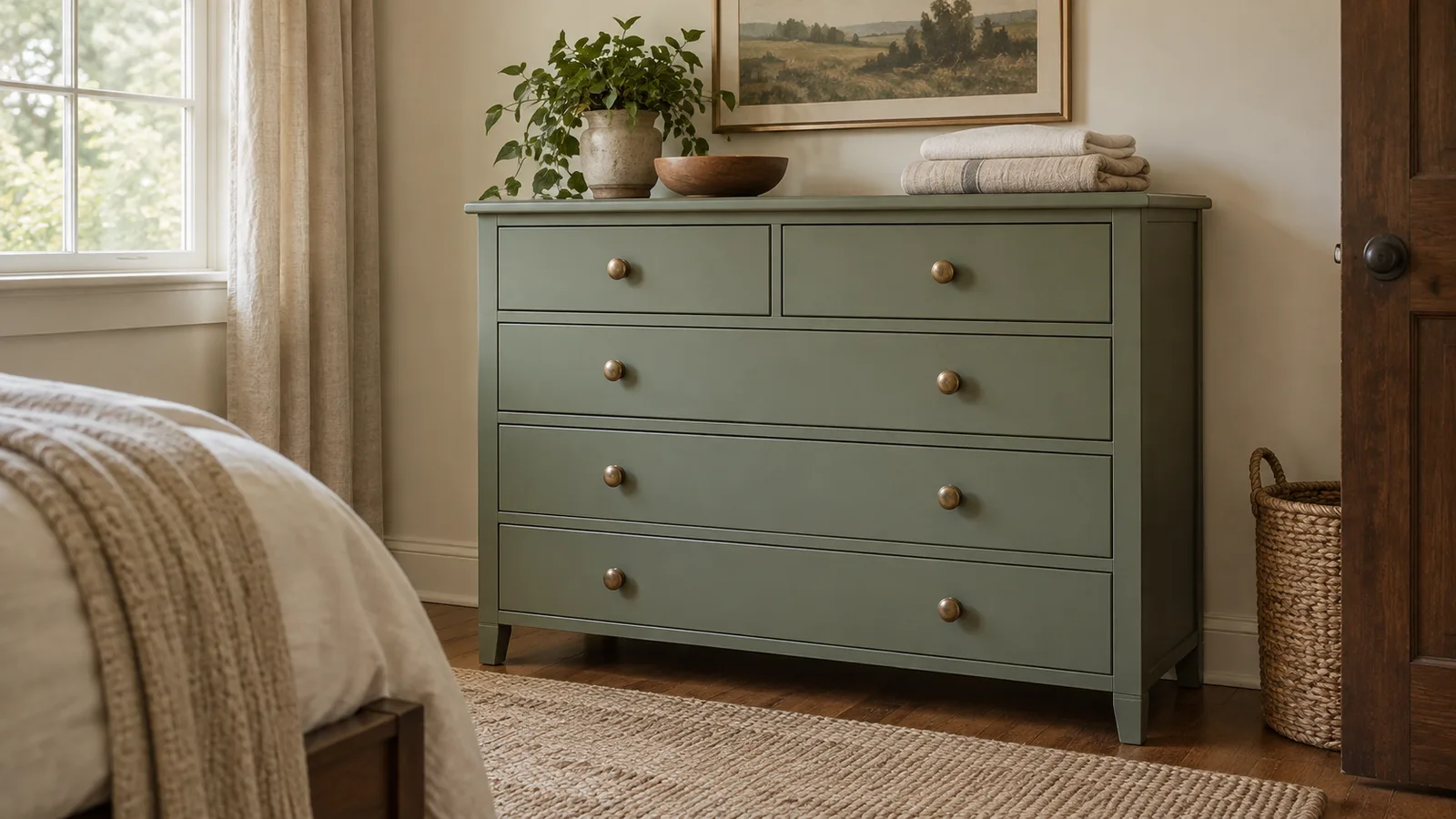 A finished sage-green painted dresser with drawers reinstalled and brass pulls attached, sitting against a cream wall