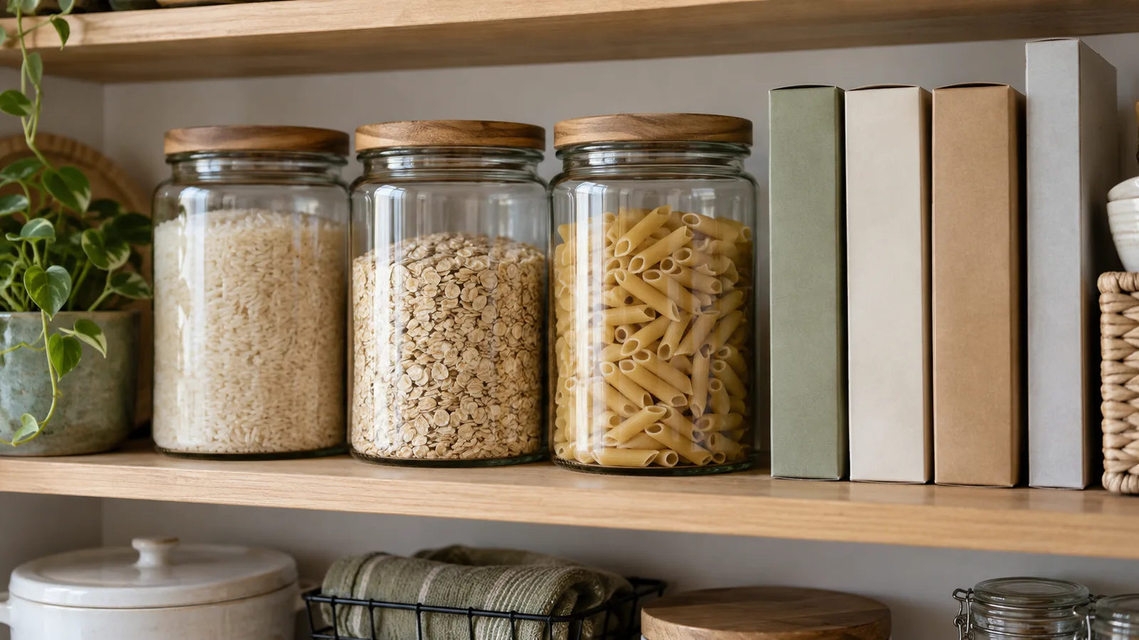 Glass canisters of rice, oats, and pasta lined up on a wood pantry shelf next to boxed cereal left in its original packaging