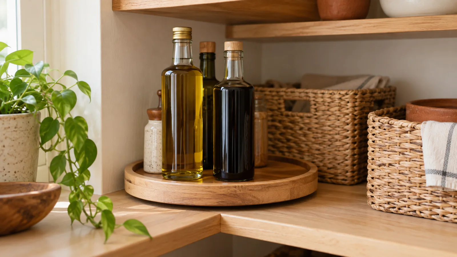 A round wooden turntable holding olive oil and vinegar bottles in the corner of a pantry shelf, with woven baskets stacked behind it