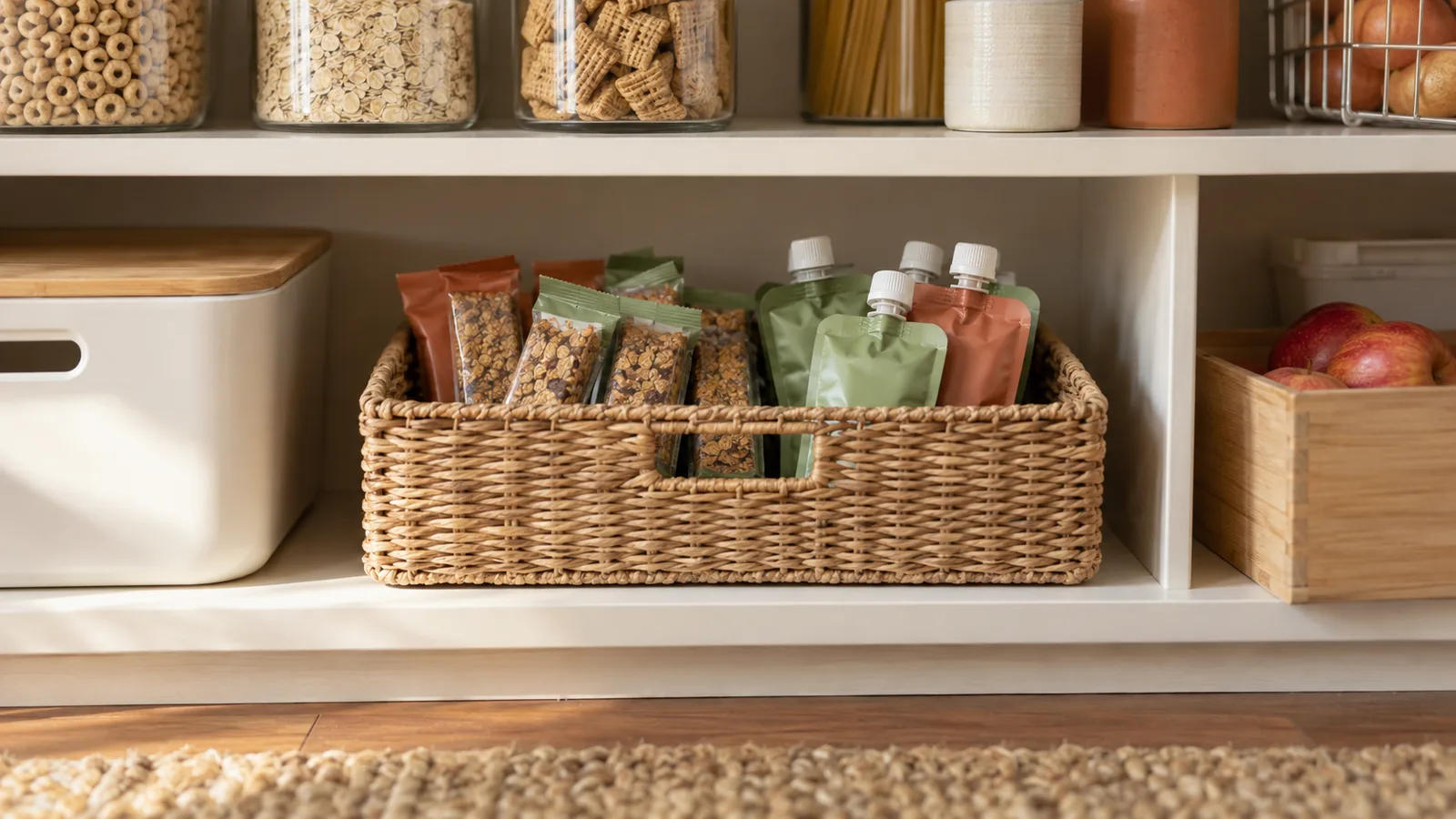 A low wicker bin filled with granola bars and juice pouches sitting on the bottom shelf of a pantry within a child's reach