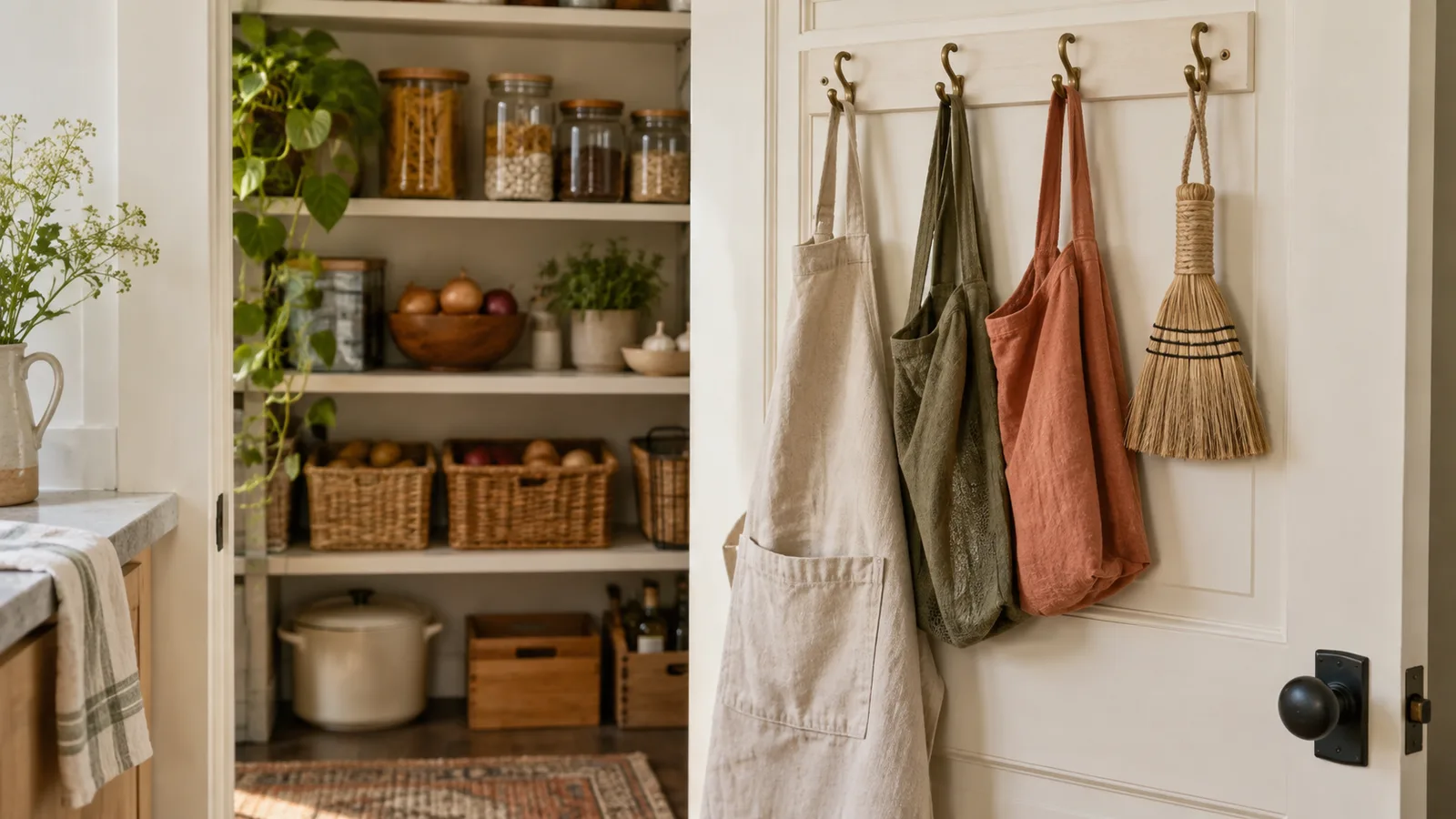 A row of small hooks on the inside of a pantry door holding a canvas apron, cloth grocery bags, and a hand broom