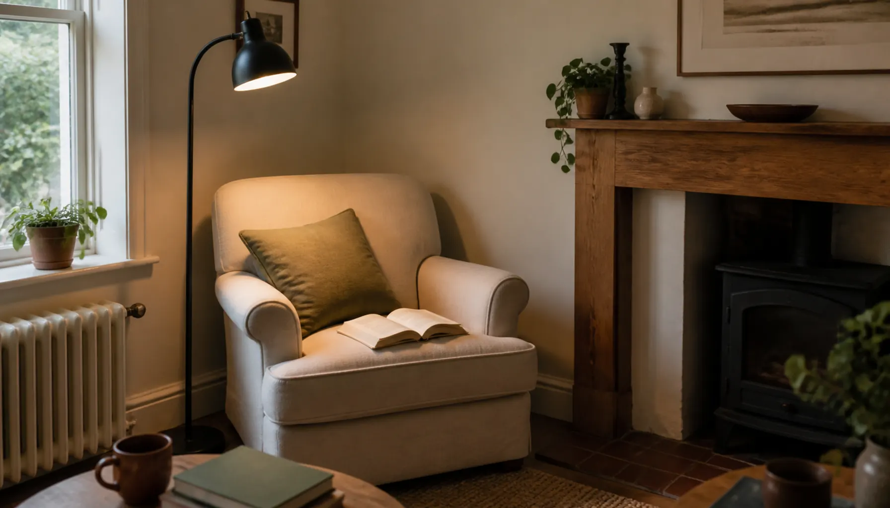 A cream armchair in a corner with a black floor lamp angled over the left shoulder, warm light falling on an open book