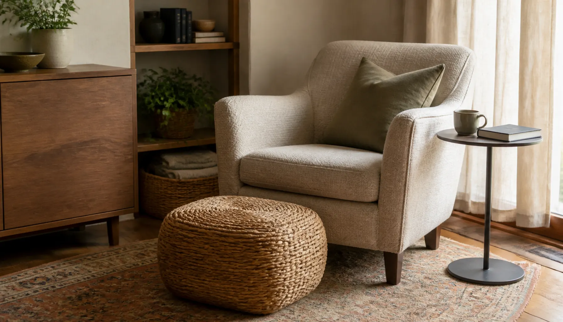 A low woven ottoman in front of an armchair with a small round side table holding a mug and a closed book