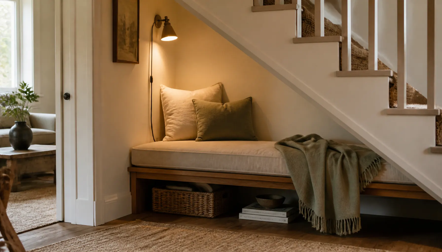 A low bench nook under a pale staircase with a sand cushion, a sage throw and a plug-in wall light on the inner wall