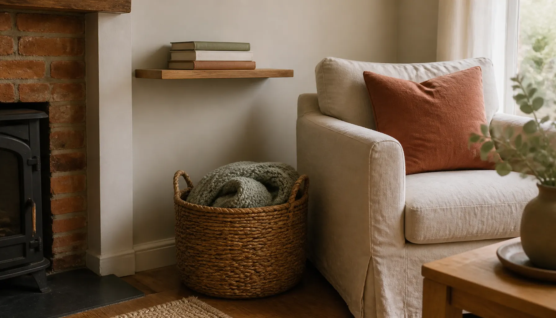 A woven basket beside a linen armchair holding a folded knit throw, with three books on a narrow wall ledge above