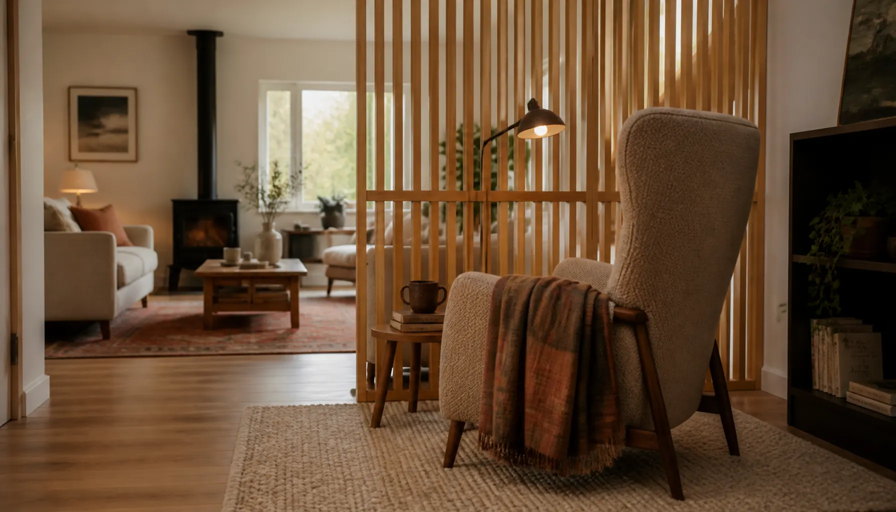 A high-backed armchair angled away from an open living room, with a slatted wood screen and a small rug marking the corner