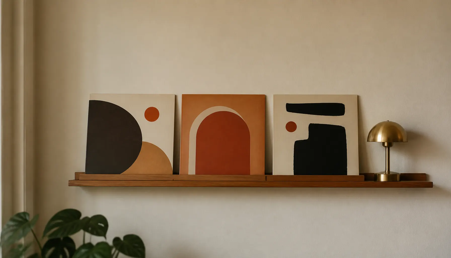 A shallow wooden picture ledge on a cream wall with album sleeves leaning against it beside a small brass lamp