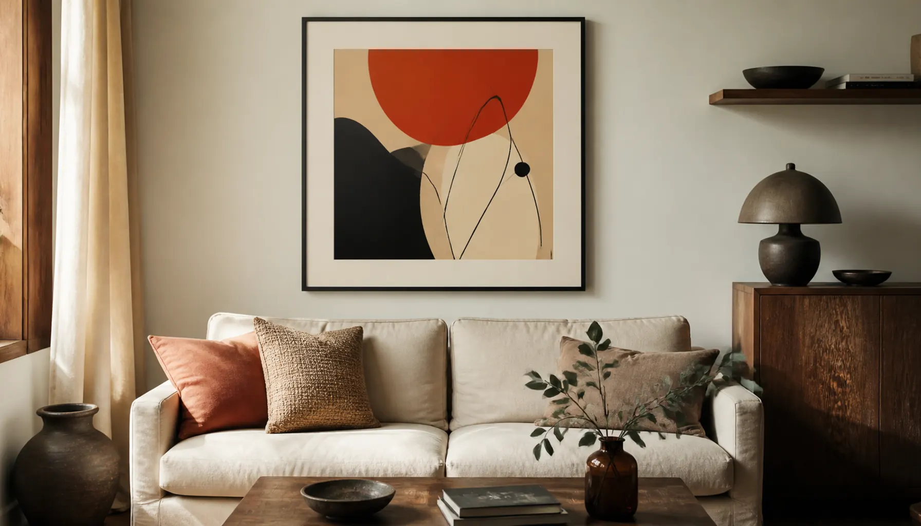 A large framed concert poster with a wide cream mat and a thin black frame above a linen sofa