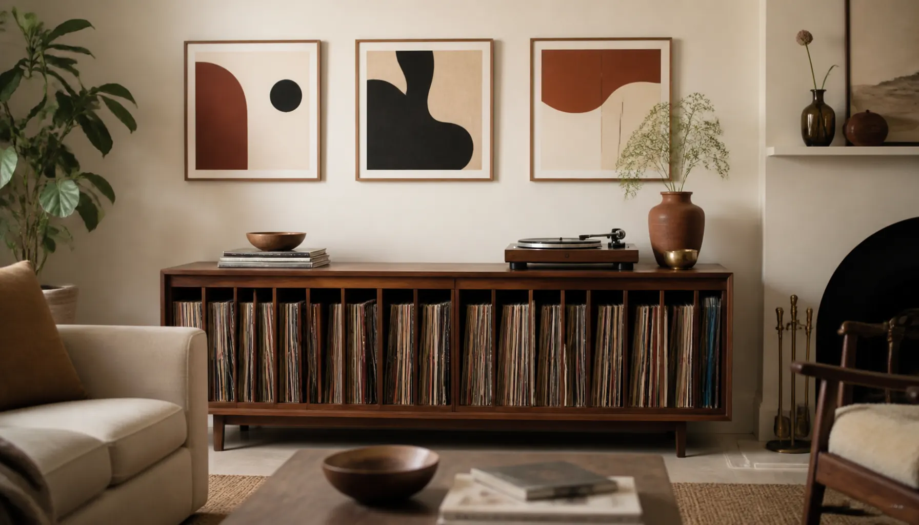 A record storage cabinet with albums stored upright below a wall of framed sleeves in a warm neutral living room
