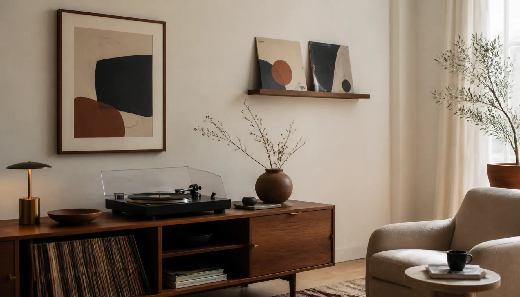 A turntable on a walnut console below a single framed album sleeve and a picture ledge in a soft daylight living room