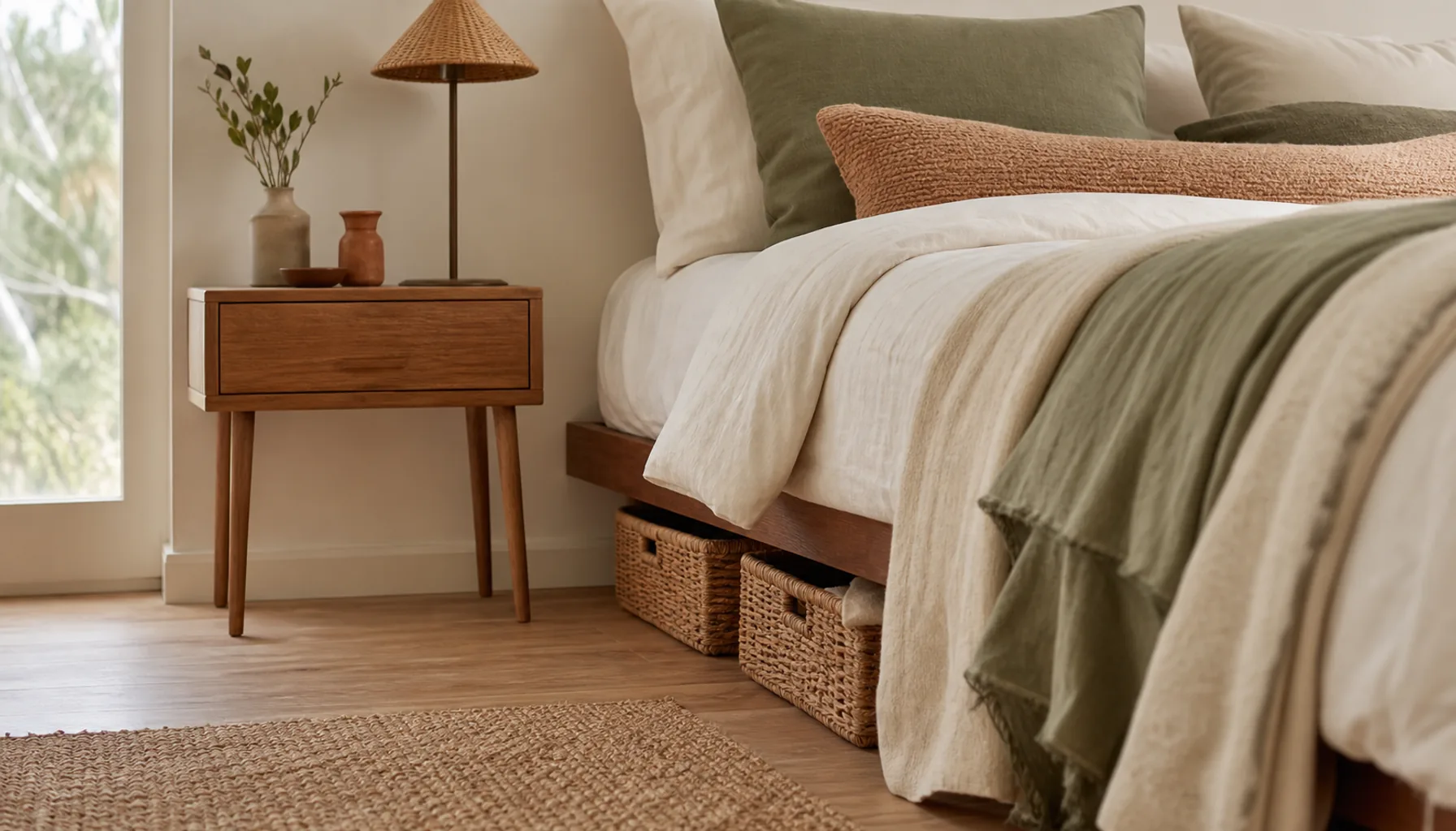 A small bedroom with a low-profile bed, under-bed storage baskets and a slim nightstand in a light, airy room